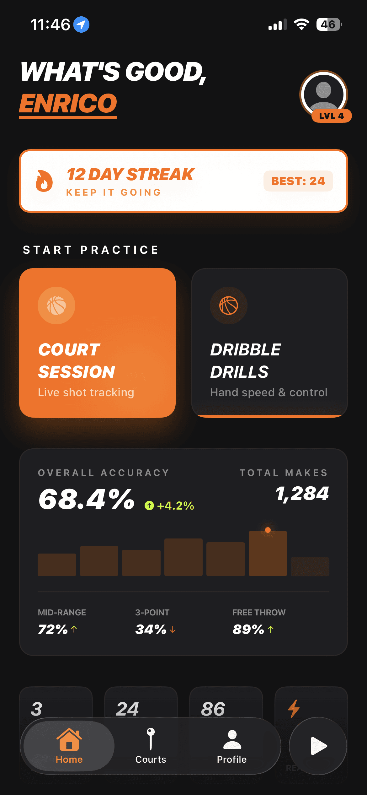 Home dashboard with stats, streak, and accuracy overview