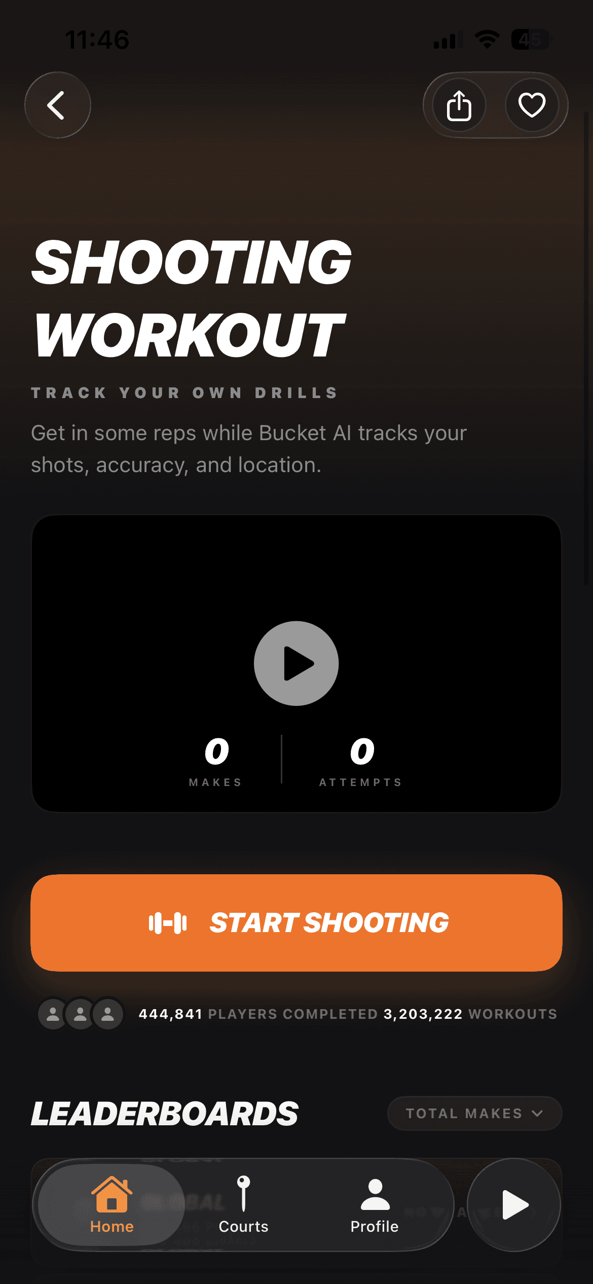 Shooting workout session with start shooting button and leaderboards